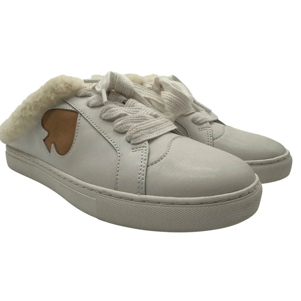 Kate Spade Fez Mule Winter Lace Up Sneaker White Leather‎ Faux Fur Trim 7.5B